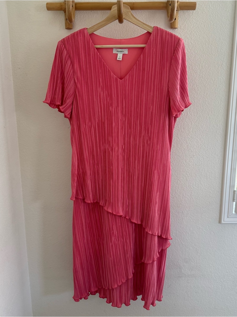 Dressbarn coral pink plisse pleated tiered midi dress size 14 cocktail formal